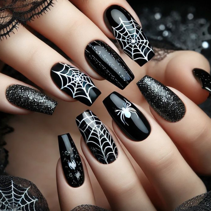 Halloween Wear Nail Ballet Black Spider Web Glitter Decoration Removable Nail Art Patch Fake Nail Nail Halloween Wear Nail Ballet Black Spider Web Glitter Decoration Removable Nail Art Patch Fake Nail Nail