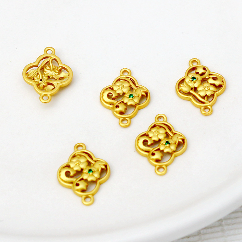 18K matte gold bag gold color preserving ancient gold 13*18mm inlaid zircon four-leaf clover flower double pendant accessories diy