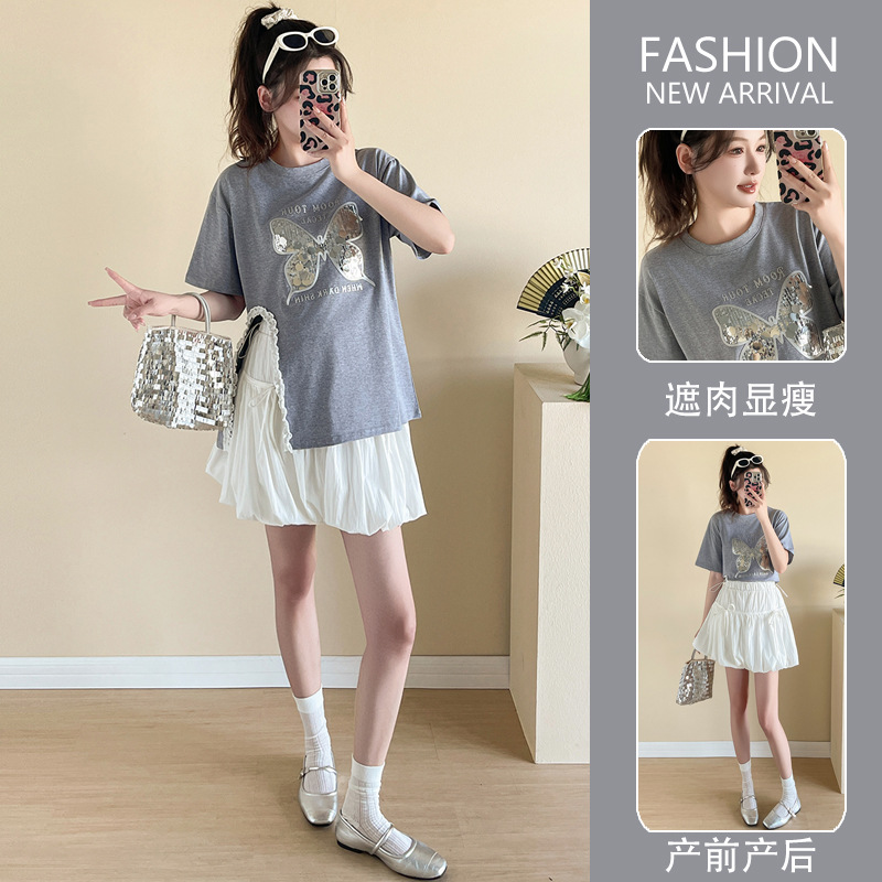 Ropa de embarazo de verano 2025 nueva camiseta de mariposa de sequillas de borde de hormigón + vestido de busto de una forma de embarazo image 2