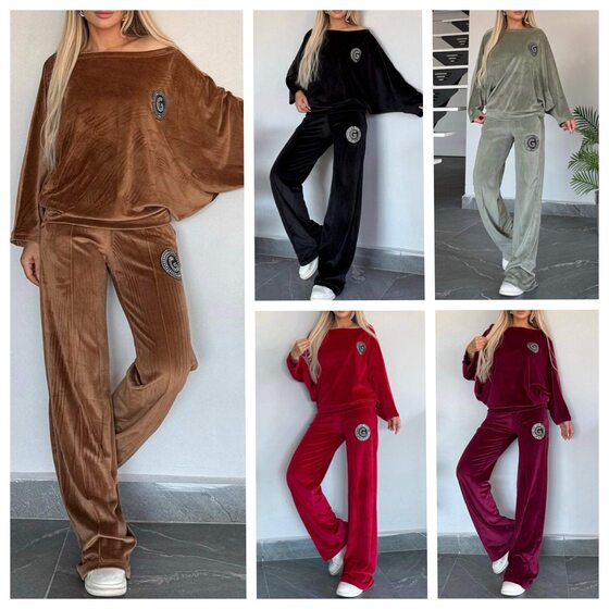 2024 European and American Cross-border Explosions Women's Spring and Autumn Golden Velvet Solid Color Crewneck Bat Sleeve Casual Two-piece Women's Clothing