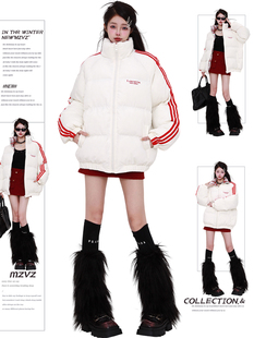Mzvz American-Style Three-Stripe down Cotton Jacket for Women, Winter Thickened Puffer Jacket with Striped Patchwork, Short Cotton Coat