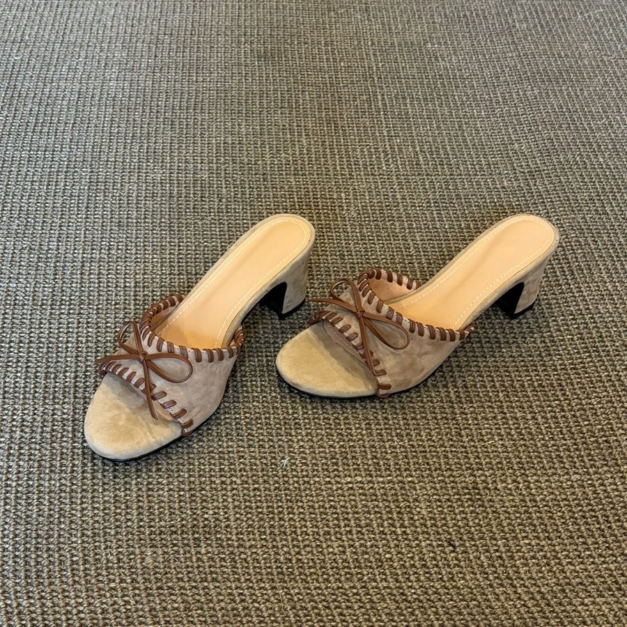 Ретро-тапочки с бантом на высоком каблуке, открытые, на толстом каблуке, в французском стиле, для верхней одежды