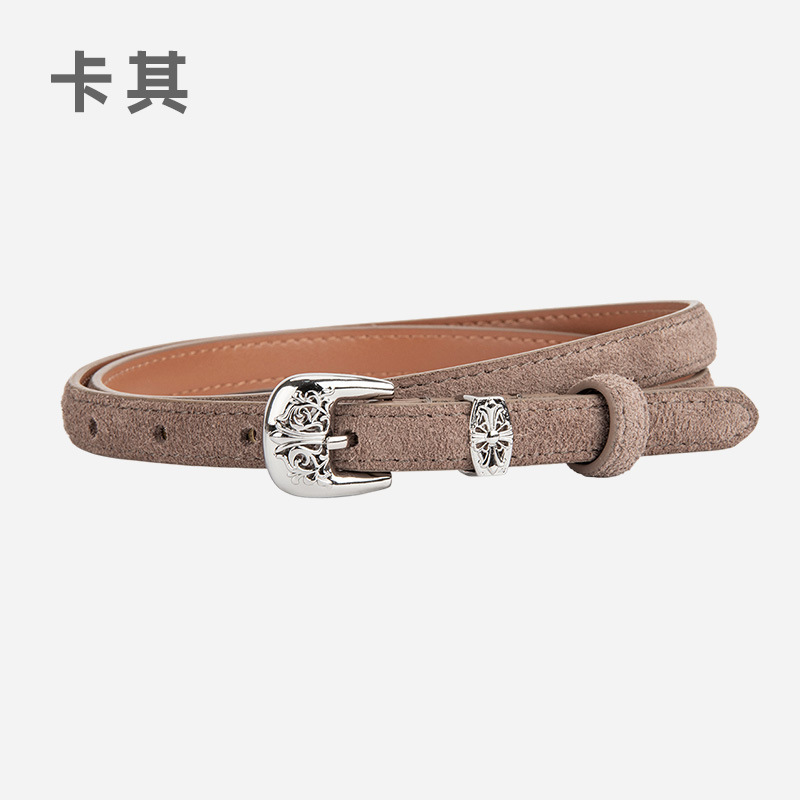 欧美复古镂空针扣女士腰带真皮磨砂反绒面装饰连衣裙皮带潮流女款|undefined