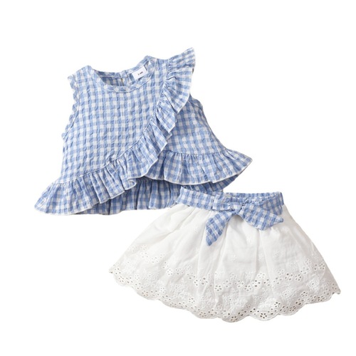 Baby Sleeveless Ruffle-Trim Plaid Top with Bow-Knot Embroidery + Skirt Set, Trendy European & American Style for Girls