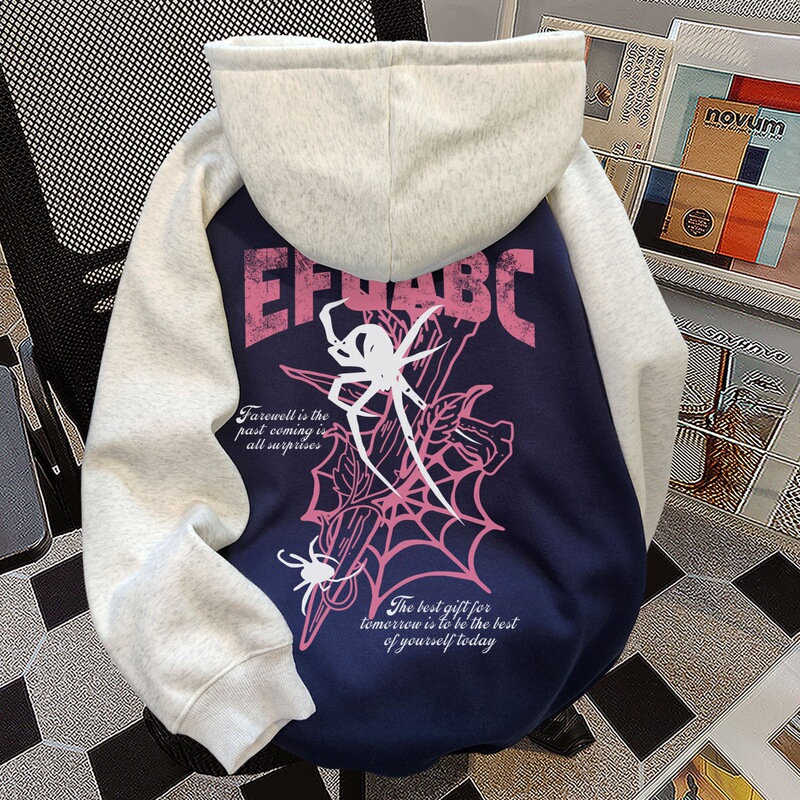 American-style color-block raglan-sleeve hoodie with a spider print, 2026 new trendy long-sleeve pullover, niche top American-style color-block raglan-sleeve hoodie with a spider print, 2026 new trendy long-sleeve pullover, niche top