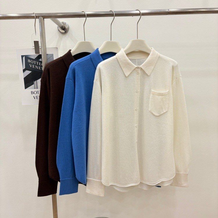 Korean-style autumn/winter single-breasted, collared shirt-style, thick, patchwork 100% wool knit sweater cardigan