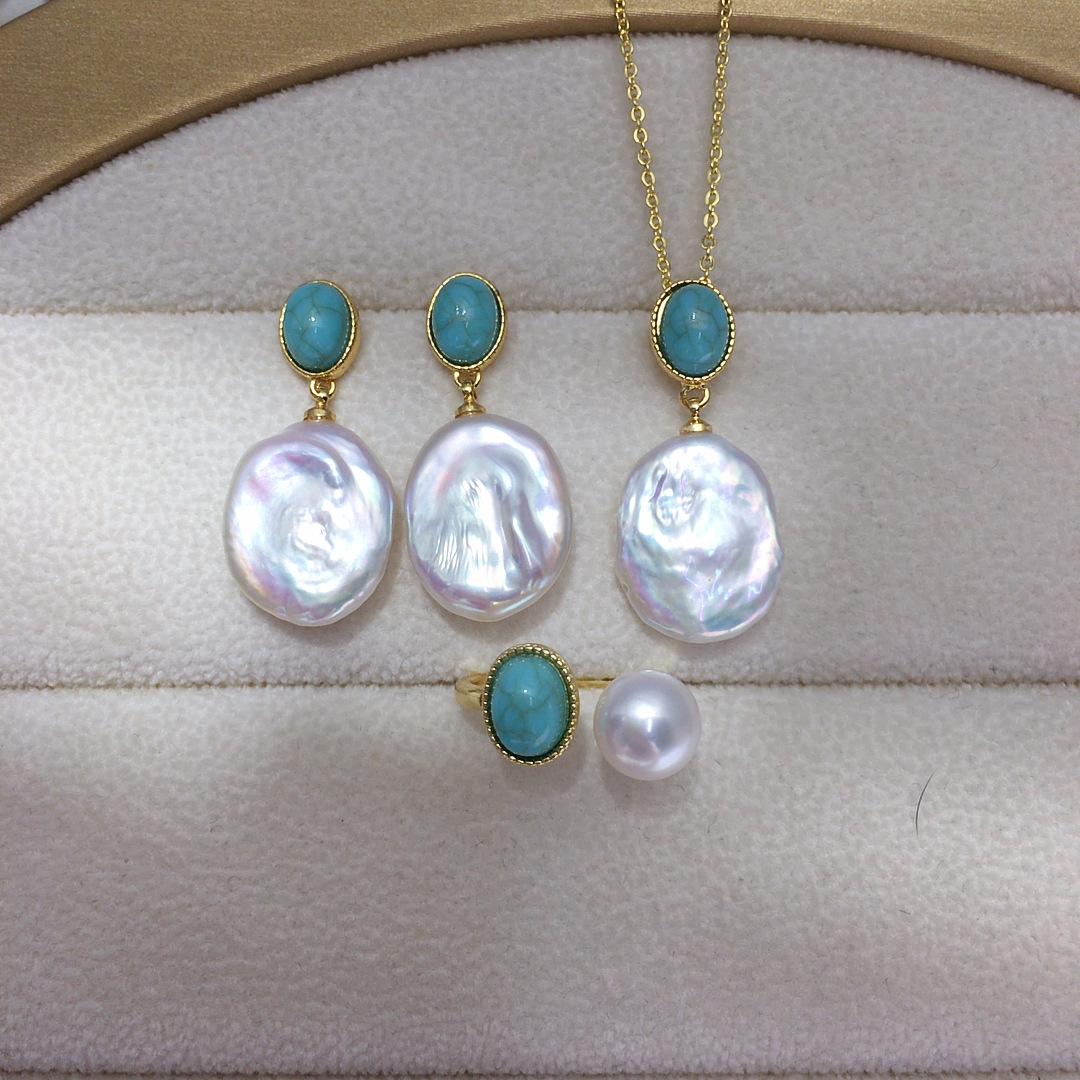 Freshwater Pearl Baroque Jewelry Set Earrings Ring Pendant Turquoise Retro Natural Pearl Zhuji Supply