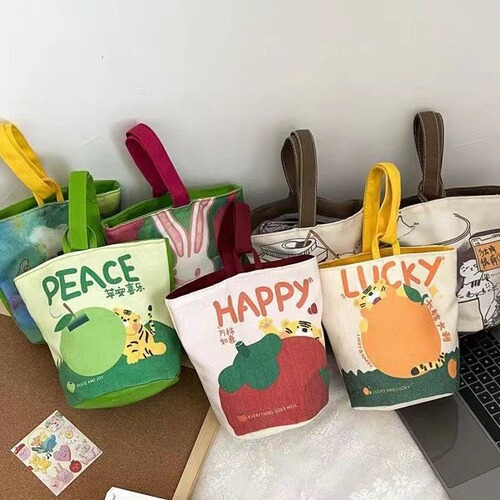 Original ins illustration portable bucket bag handbag hand-held outing snack canvas bag cute outing small bag