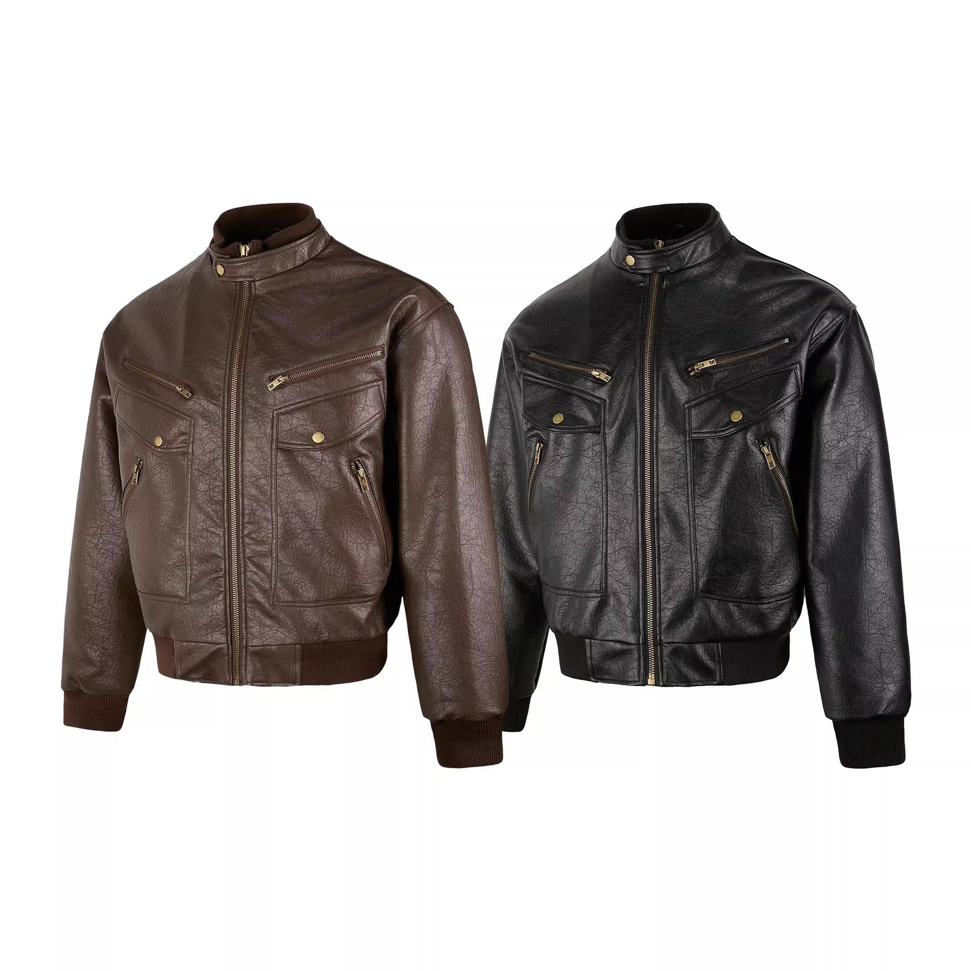 Men's Retro Leather Motorcycle Jacket With Multi Pockets Black_voghion.com