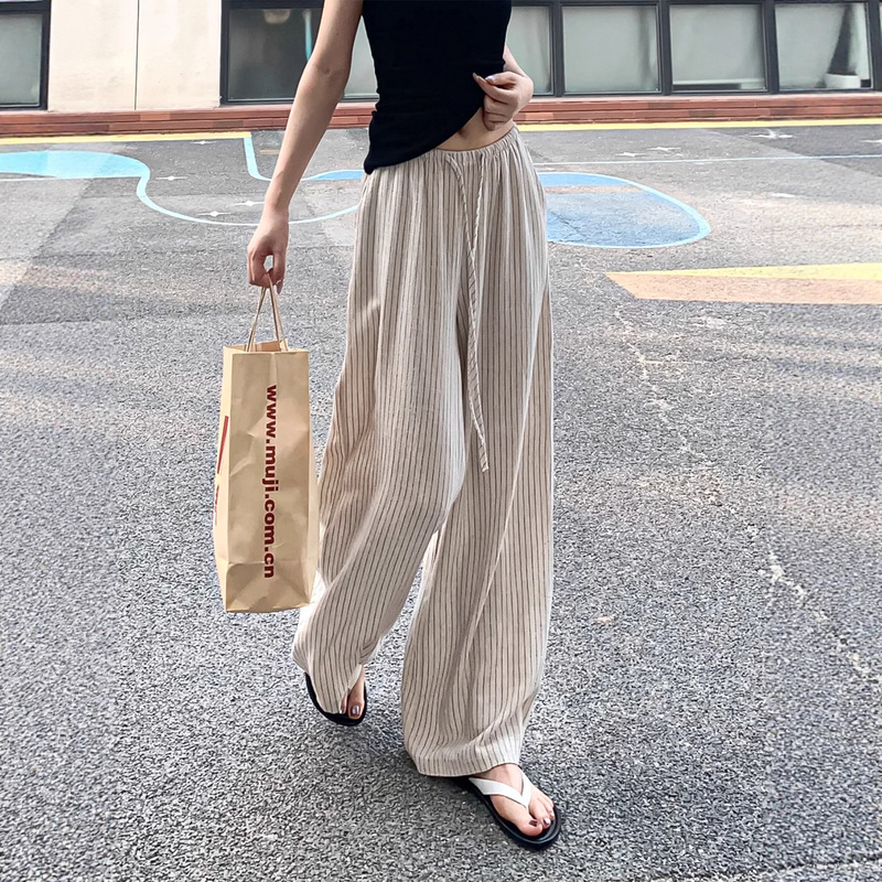 日系棉麻条纹阔腿裤女秋季薄款小个子高腰显瘦慵懒垂感拖地休闲裤|undefined