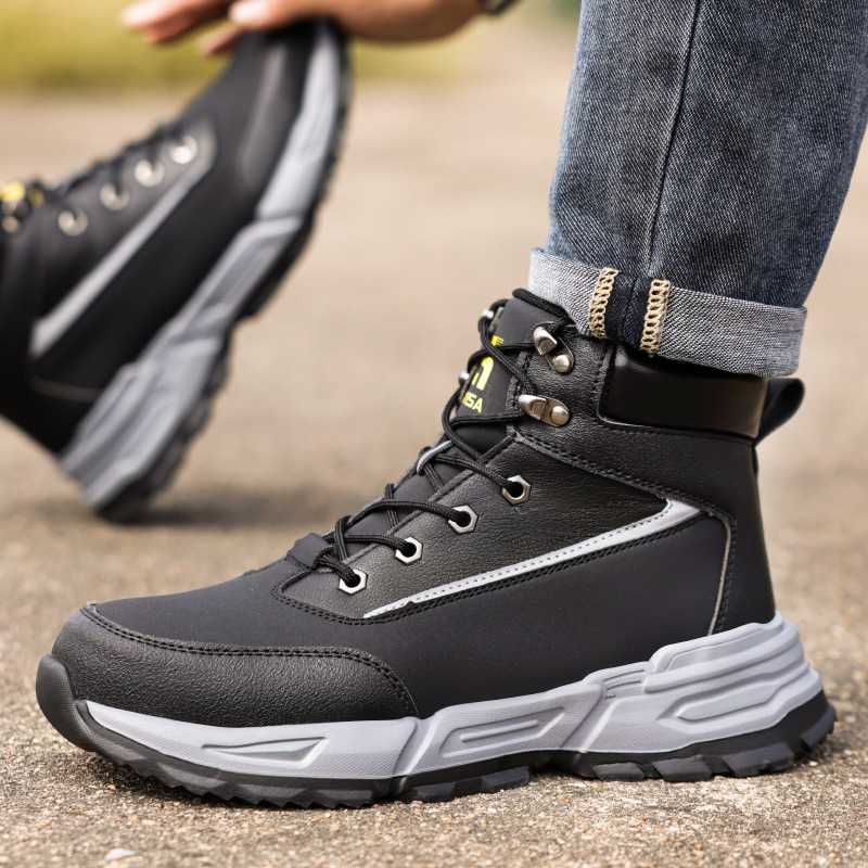 High-top men's safety shoes with steel toe cap, lightweight, safe, comfortable, winter cotton work shoes for wholesale