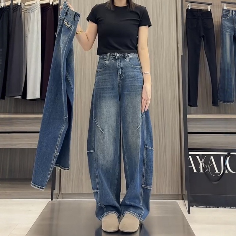 大码弯刀阔腿牛仔裤女秋冬2025新款胖mm显瘦宽松直筒梨型身材裤子|undefined