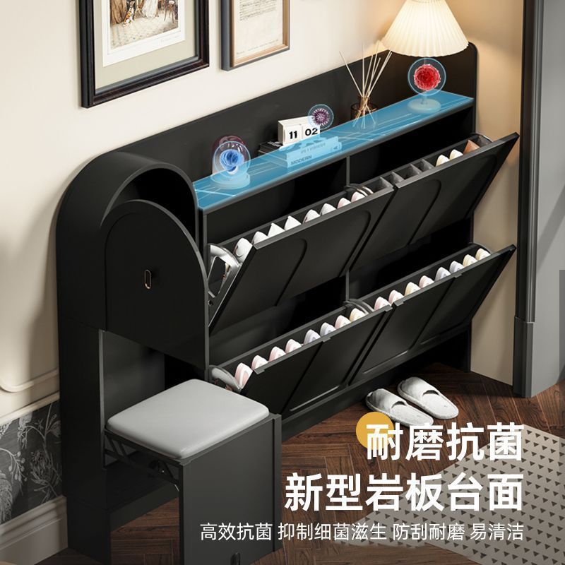 简约法式复古鞋柜鞋凳一体门口入户靠墙翻斗玄关黑色实木柜子|undefined