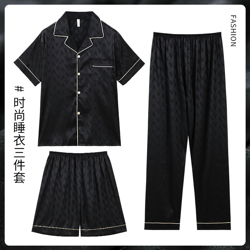 Traje de tres piezas de pijamas de verano de alta calidad para hombres Ropa de hogar de seda real de seda de hielo de manga corta para hombres jóvenes