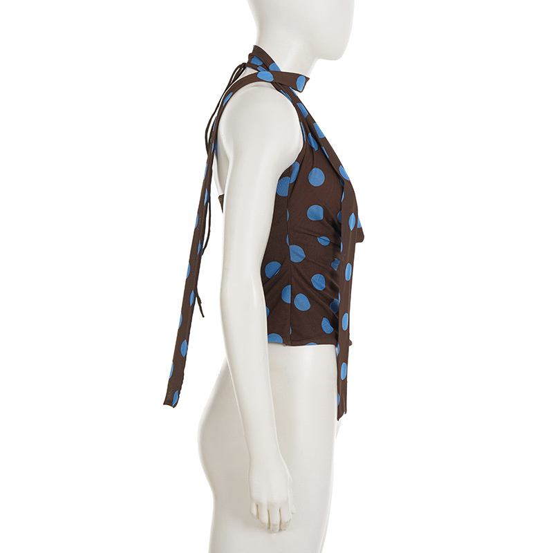 Polka Dot Print Swing Collar Small Sling Sexy Big Backless Scarf Lace up Vest Top for Women