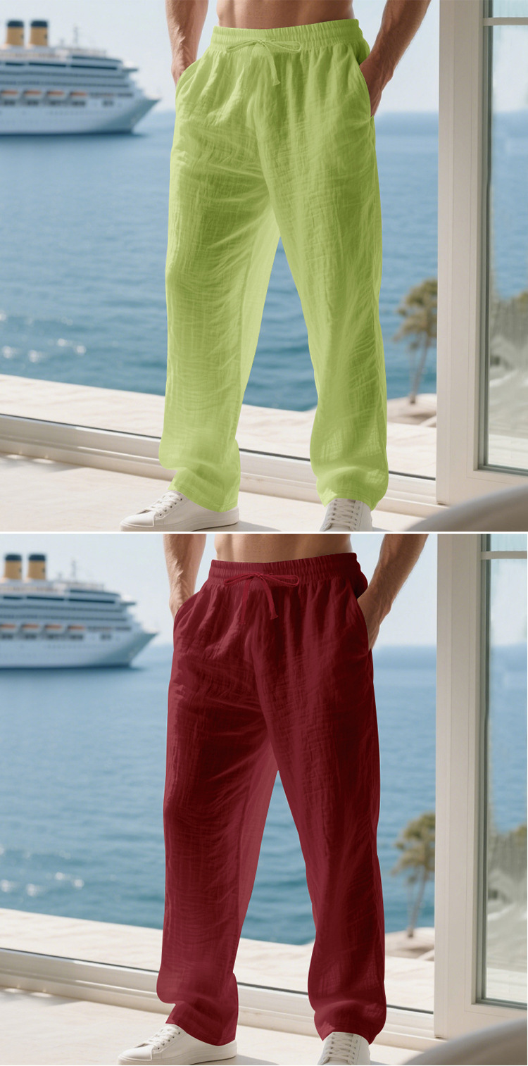 Men's Linen Casual Trousers Summer Loose Straight Leg Beach Pants Solid Color Breathable Resort Style Menswear_viptrois.com