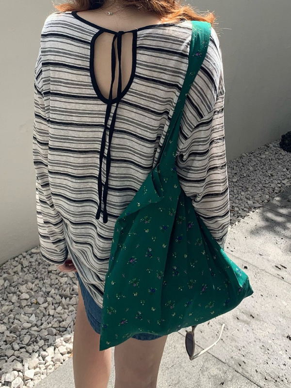 强推自留慵懒风美背镂空系带条纹长袖防晒衫上衣T恤女宽松夏季新|undefined