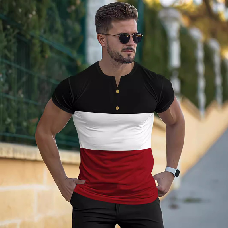 Amazon Cross-border Summer New Men's Short-sleeved Casual Sports Three-color Stitching Men's Notched V-neck T-shirt Henry Shirt