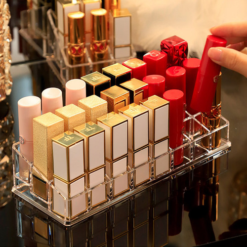 Simple transparent storage rack dust-proof organizing box trapezoidal nine-grid plastic desktop lip glaze lipstick storage box