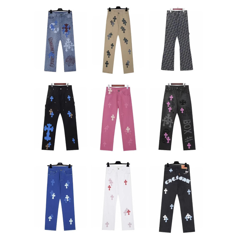 24 Correct Version Ch Crowe Cross Leather Embroidered Washed Jeans Couple Loose Denim Wholesale Dropshipping