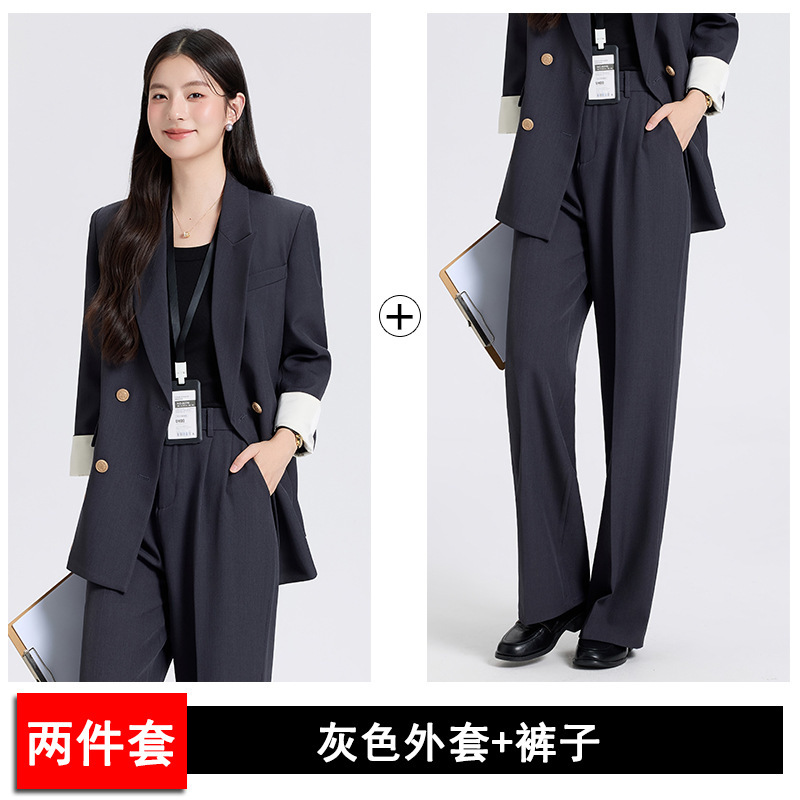 灰色休闲西装套装女双排扣2025秋季新款时尚气质大学生通勤小西服|undefined