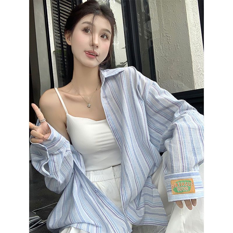 Original Striped Polo Collar Blue Shirt Jacket for Women, Spring and Summer Loose Casual Shirt, Mid-Length Top Original Striped Polo Collar Blue Shirt Jacket for Women, Spring and Summer Loose Casual Shirt, Mid-Length Top