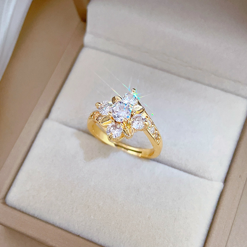 Full Diamond Flower Zirconia Ring Adjustable Gold Luxury Jewellery_voghion.com