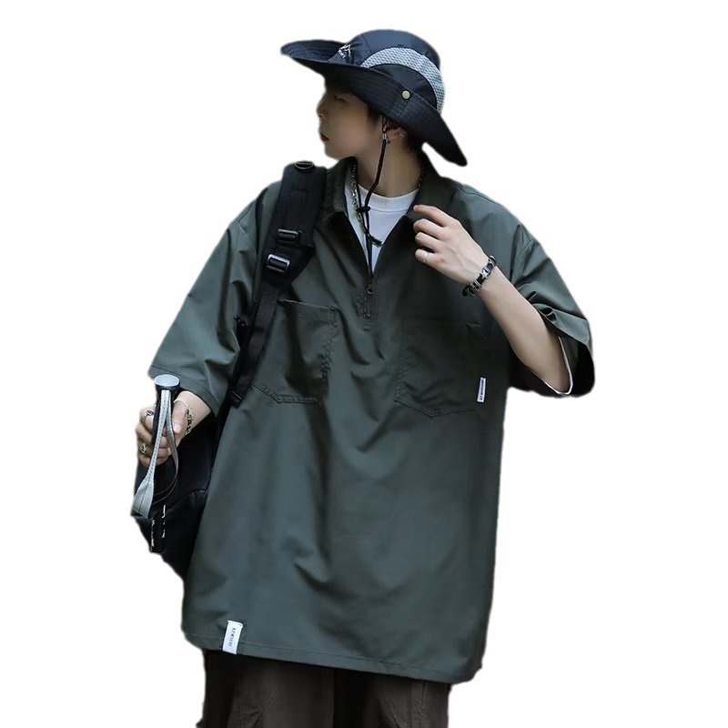 boy Japanese Style Half-Zip Polo Short Men's Summer Heavyweight Workwear Shirt T-Shirt Trendy Brand Retro Half Sleeve Top_voghion.com