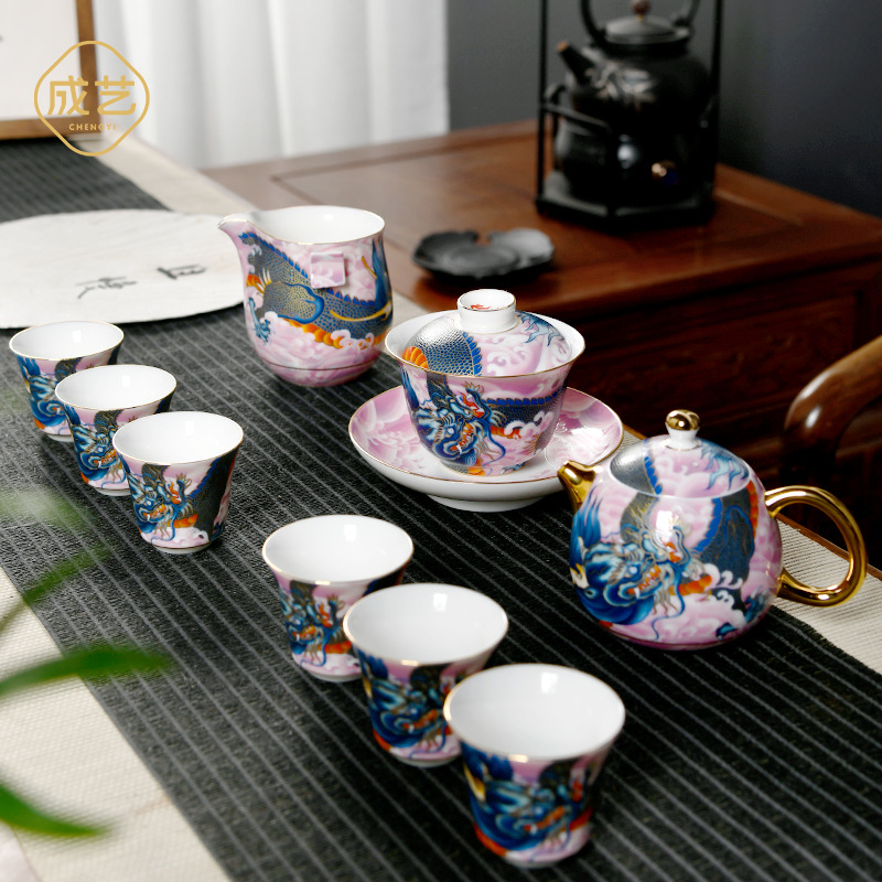 Chengyi 워크숍 Longteng Shengshi 세라믹 차 세트 세트 가정용 차 그릇 물 컵 차 시음 컵 중국 흰색 도자기 겐티아나 냄비