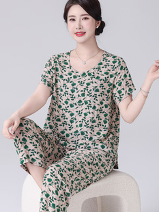 Mom's Pajamas Thin New Style Women's Cotton Silk Home Clothes Set Middle-Aged and Elderly Short-Sleeved Two-Piece Summer Artificial Cotton