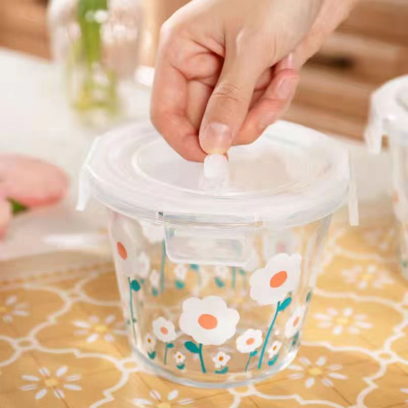 Roasted Flower Glass Preservation Lunch Box Preservation Bowl with Lid Microwave Heating Soup Bowl Large Capacity Sealed Lunch Box Lunch Box