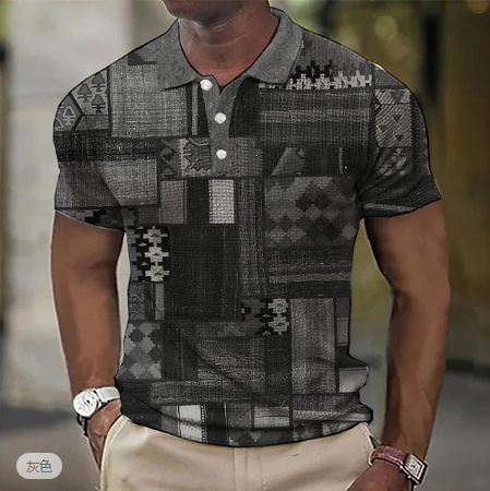 Cross-border European and American new golf shirt short-sleeved waffle polo shirt color block graphic printing three-button polo shirt