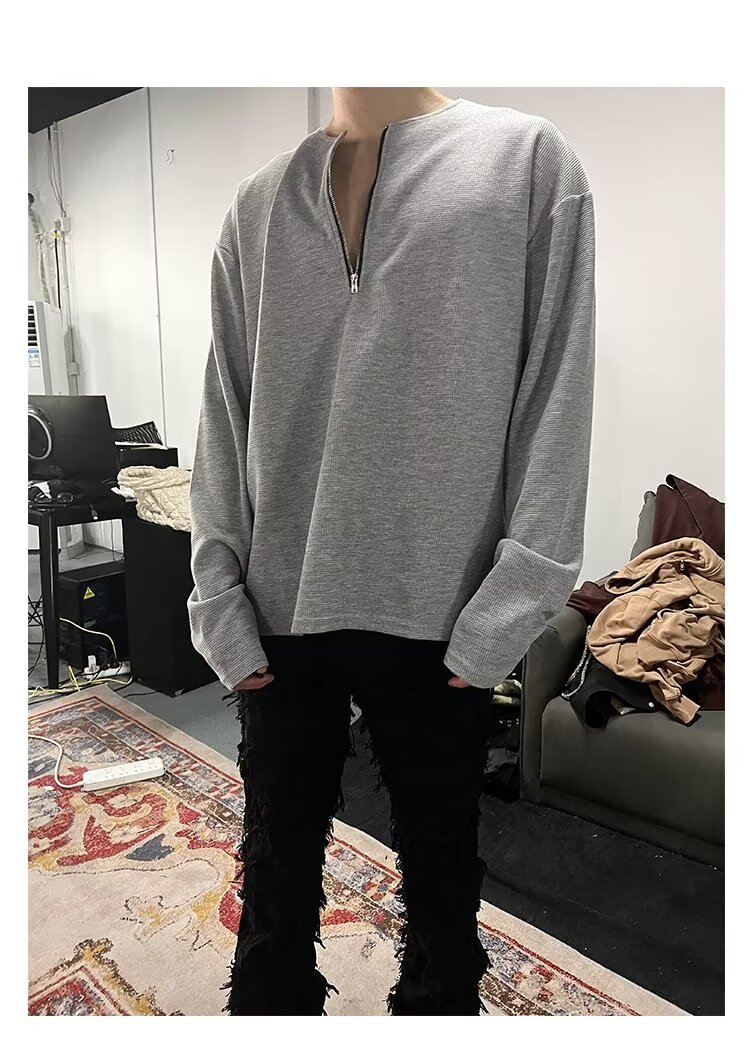 Sweat à capuche zippé en coton gaufré pour homme coupe large_voghion.com