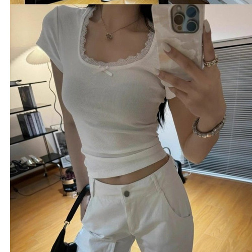 260g Viscose Modal Lace Edge U-Neck Short-Sleeve T-Shirt for Women, Fitted Short Style, Sizzling Babe, Slimming Top