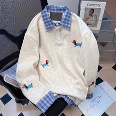 レトロなアメリカの学院風の子犬の刺繍の衛衣の男女の秋冬の偽の2枚のシャツはpoloの襟の上着をつなぎ合わせます。