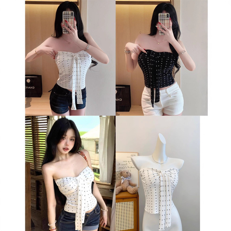 Summer Sleeveless Tight-Fitting Breast-Wrapped Inner Wear with Pure Lusty Hot Girl White Tube Top Vest for Women with Polka Dot Design and Lace-Up