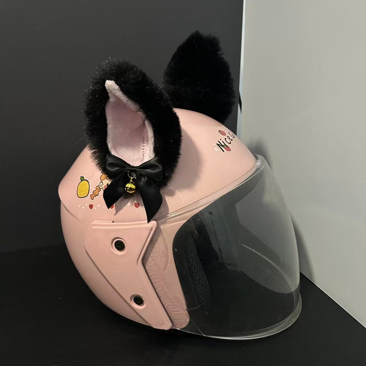 Universal Helmet Decoration Bell Plush Cat Ears Motorcycle Helmet Decor (Auto Parts and Accessories) - black-pink-ears-black-butterfly-bell