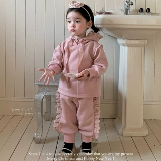 珍妮童装女童秋冬衣服加绒套装韩版女宝宝花边连帽卫衣裤子两件套