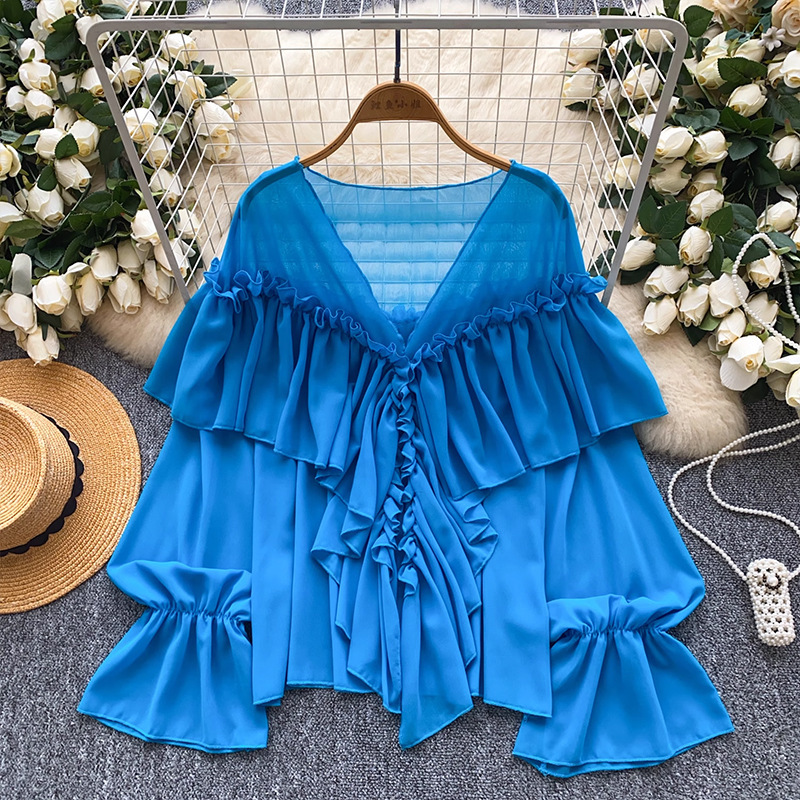 Summer Elegant Lazy Style Socialite Ruffled Trim Flared Sleeve Chiffon Blouse Loose Shirt Women's Clothing Tops_ecoleips.com