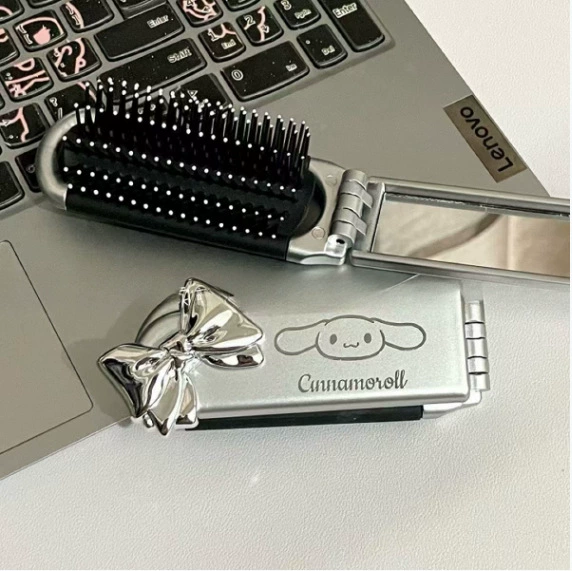 Folding Handheld Mirror Comb (Sanrio) — Cartoon Bow Design, Portable Silver