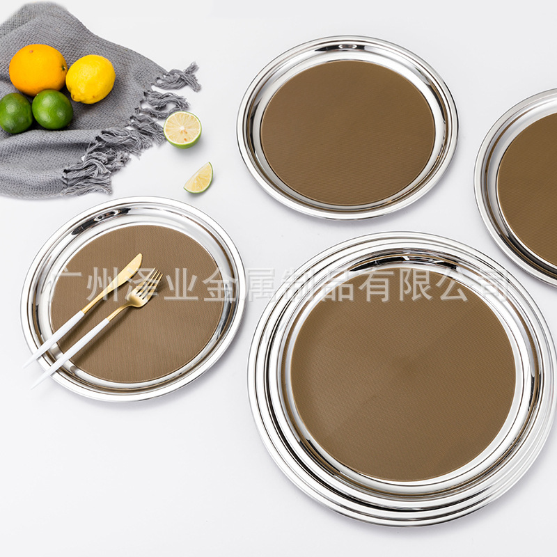 加厚不锈钢托盘餐厅服务盘餐盘水果盘茶盘配隔热垫带防滑垫