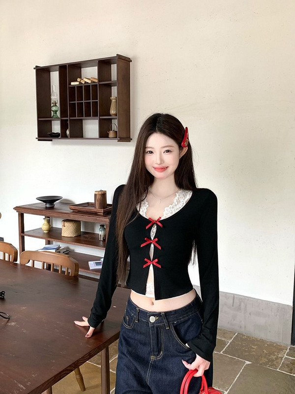 超好看甜辣风镂空蝴蝶结长袖上衣女秋季纯欲蕾丝挂脖背心两件套装|undefined