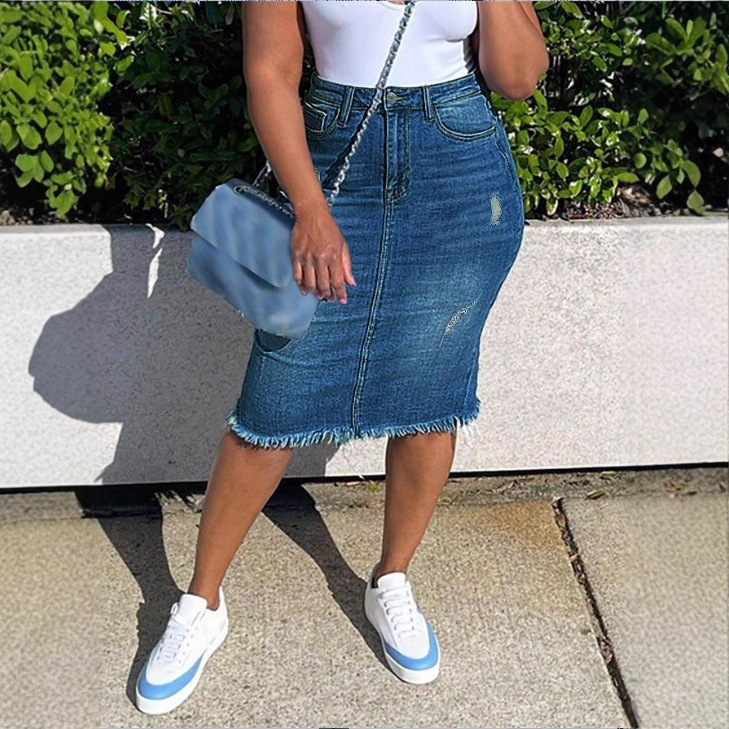 Atc50288 Amazon Ebay European and American Cross-Border Women's Clothing Aliexpress Wish Denim Skirt Elastic Fur Edge