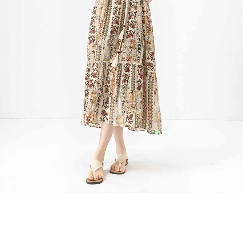 Đầm maxi nữ thắt eo bohemian in hoa kỳ lạ tay ngắn rộng che thịt — Màu cà phê chi tiết 2