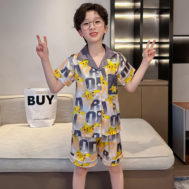 Pijamas infantiles niños de manga corta niños de verano lindos bebés seda delgada niños cardigans ropa para el hogar