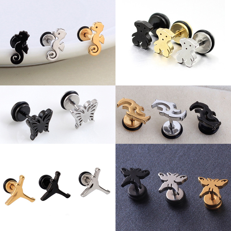 欧美潮款个性运动小人切割蝴蝶耳钉钛钢耳钉小熊耳钉男女耳饰GE10