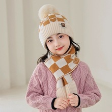 新款提花笑脸格子毛线帽围巾两件套装冬季儿童保暖毛球针织帽加厚