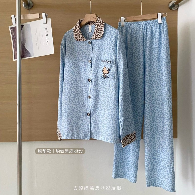 卡通黑皮kt带胸垫云感棉睡衣女长袖长裤家居服可外穿女生两件套装|undefined