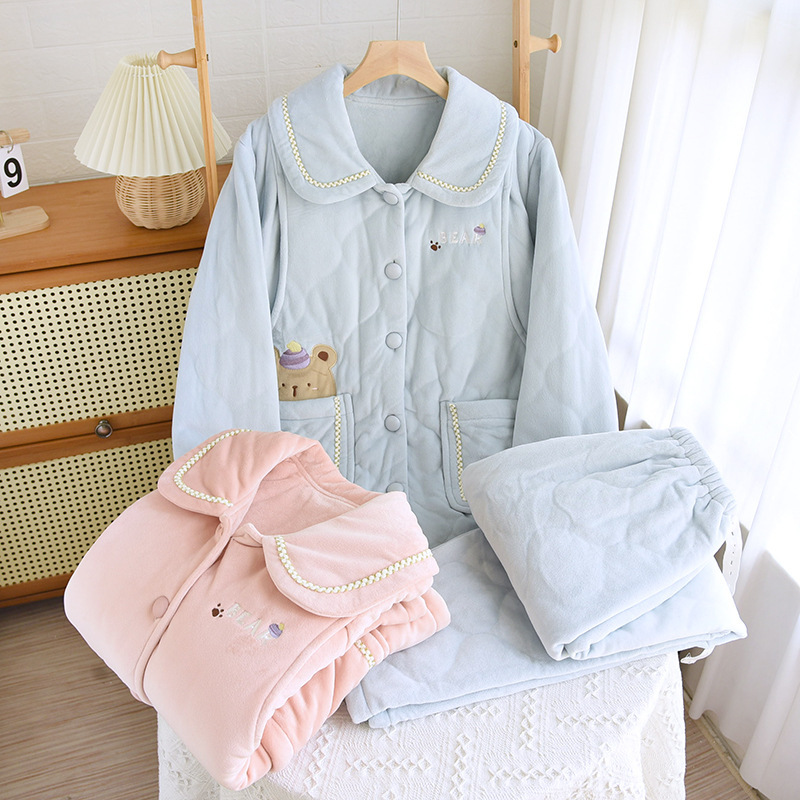 Baby Velvet Thickeneded Warm Quilted Nursing Confinement Clothes Cardigan Style Winter Pregnant Mother Pajamas Home Clothes Set