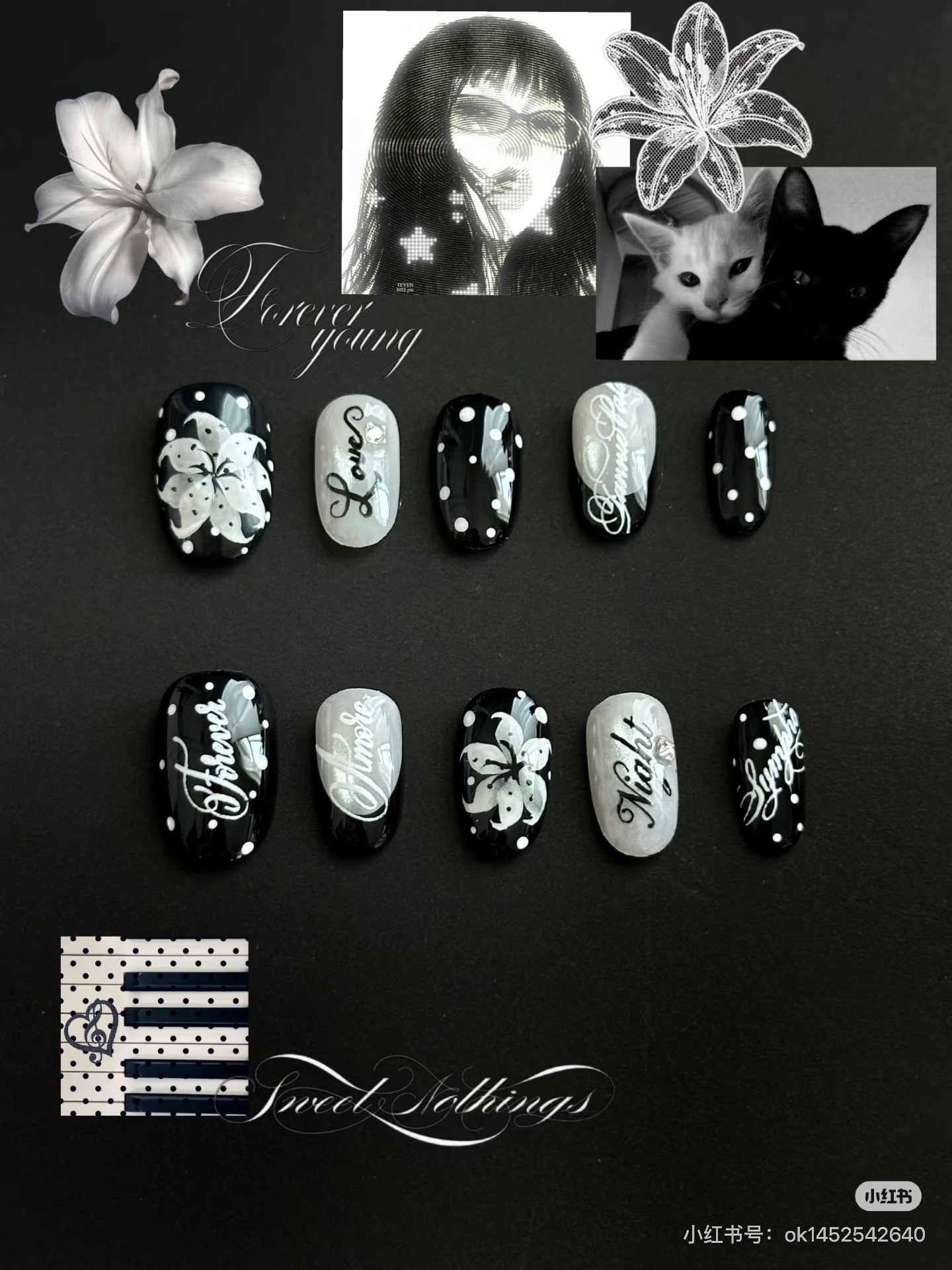 Trendy retro polka dot lily nail art stamping plate with vintage music notes, stars, butterflies, and gothic crosses